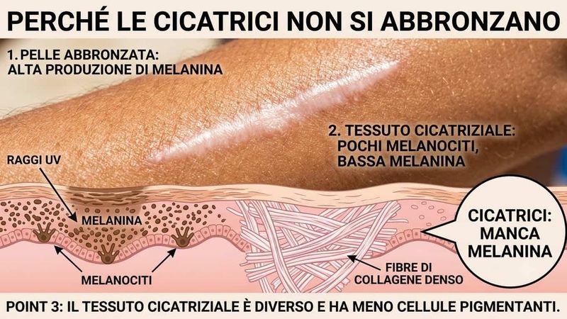 Perché le Cicatrici non si abbronzano e non ricrescono i peli 3 Perché le Cicatrici non si abbronzano e non ricrescono i peli. Diagramma che mostra come la pelle abbronzata e il tessuto cicatriziale influenzano le cicatrici e la produzione di melanina.