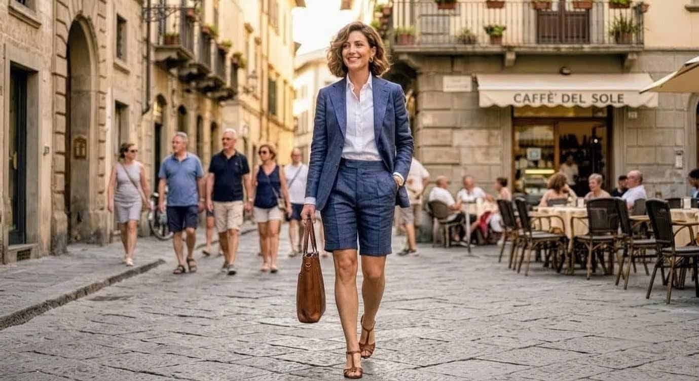 Bermuda donna sartoriale blu spina di pesce con blazer coordinato outfit ufficio estate 2026