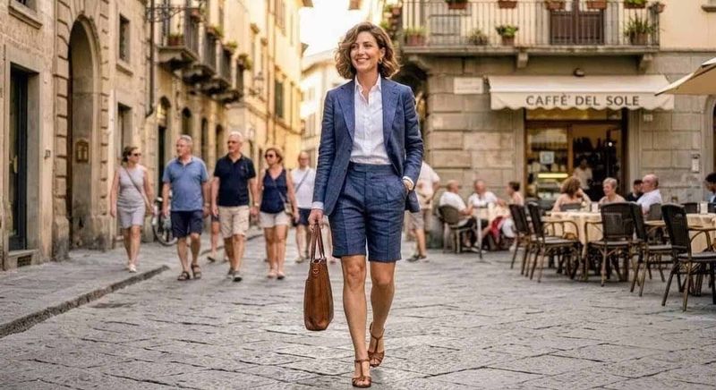 Pantaloncini estivi: i 5 modelli must-have 2 Bermuda donna sartoriale blu spina di pesce con blazer coordinato outfit ufficio estate 2026