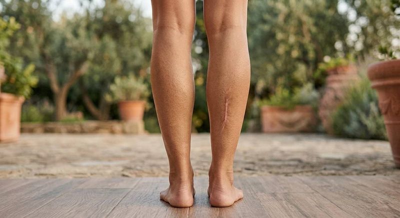 Perché le Cicatrici non si abbronzano e non ricrescono i peli 5 Perché le Cicatrici non si abbronzano e non ricrescono i peli. Piedi nudi di una persona su un pavimento in legno, con piante e vasi in terracotta sullo sfondo, in un ambiente esterno tranquillo e naturale.