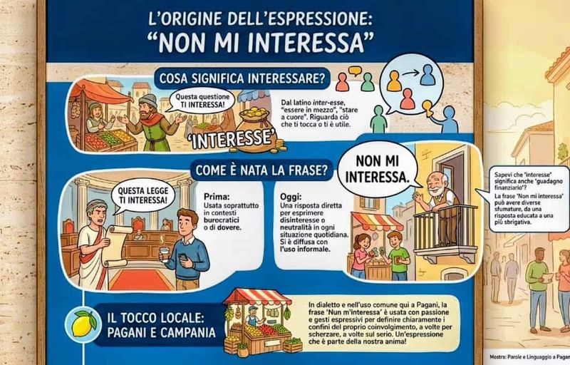 Non mi interessa: significato, come si scrive e quando si usa 2 Non mi interessa significato: origine dell'espressione italiana. Infografica che spiega l'origine e il significato dell'espressione italiana 'Non mi interessa' con esempi storici e culturali.