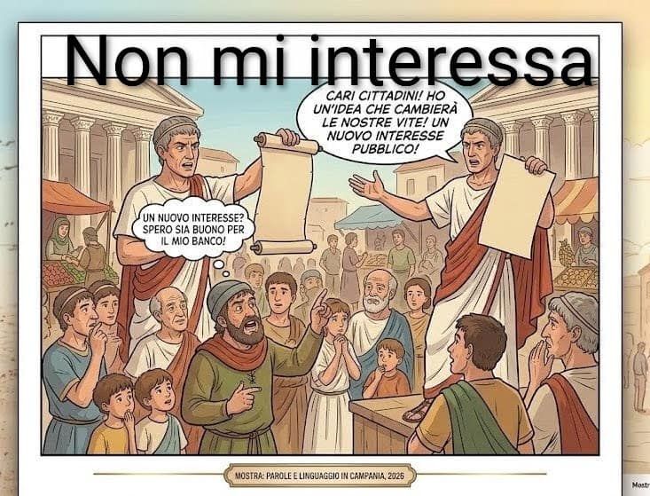 Non mi interessa: significato, come si scrive e quando si usa 3 Rappresentazione di un dibattito pubblico con cittadini e oratori nell'antica città, evidenziando il confronto e la partecipazione civica.