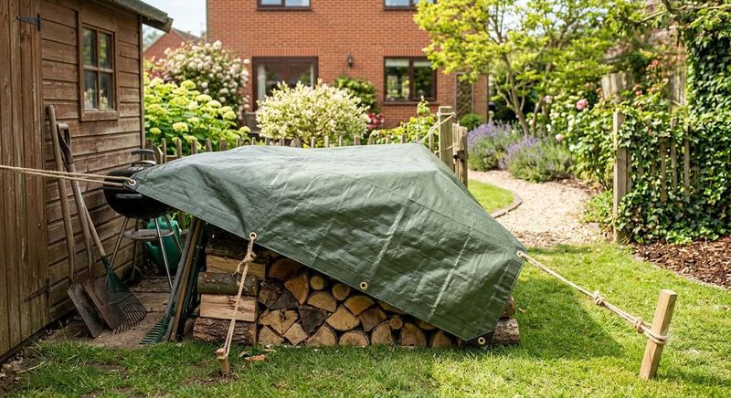Telo Ombreggiante: come scegliere la densità giusta 4 Come scegliere un telo da sole in base alla densità. Deposito di legna coperto con telo verde nel giardino di una casa con fiori e piante.