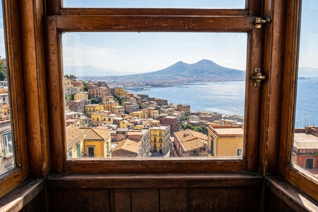 Vista dal finestrino funicolare Napoli Golfo e Vesuvio, carrozza in legno. 