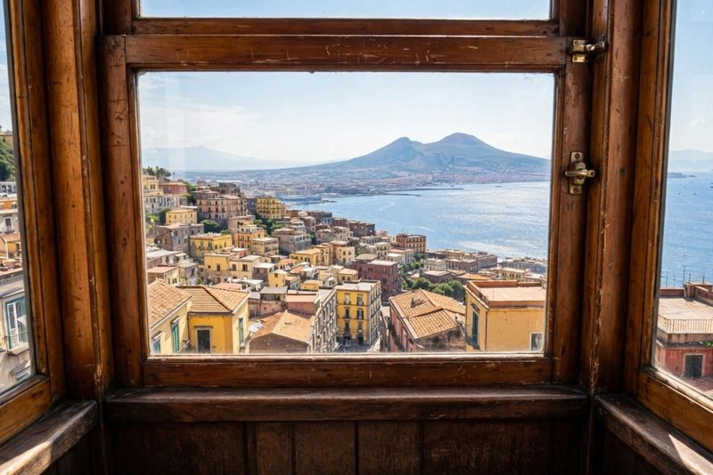 Guida alle funicolari di Napoli tra stazioni e percorsi 3 Vista dal finestrino funicolare Napoli Golfo e Vesuvio, carrozza in legno.