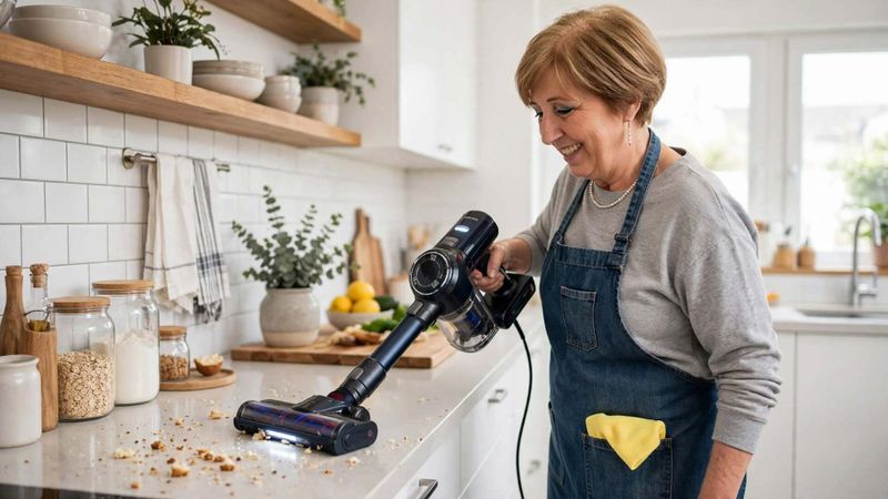Scopa elettrica o robot: cosa cambia? 2 Donna che usa scopa elettrica per pulizie rapide in cucina