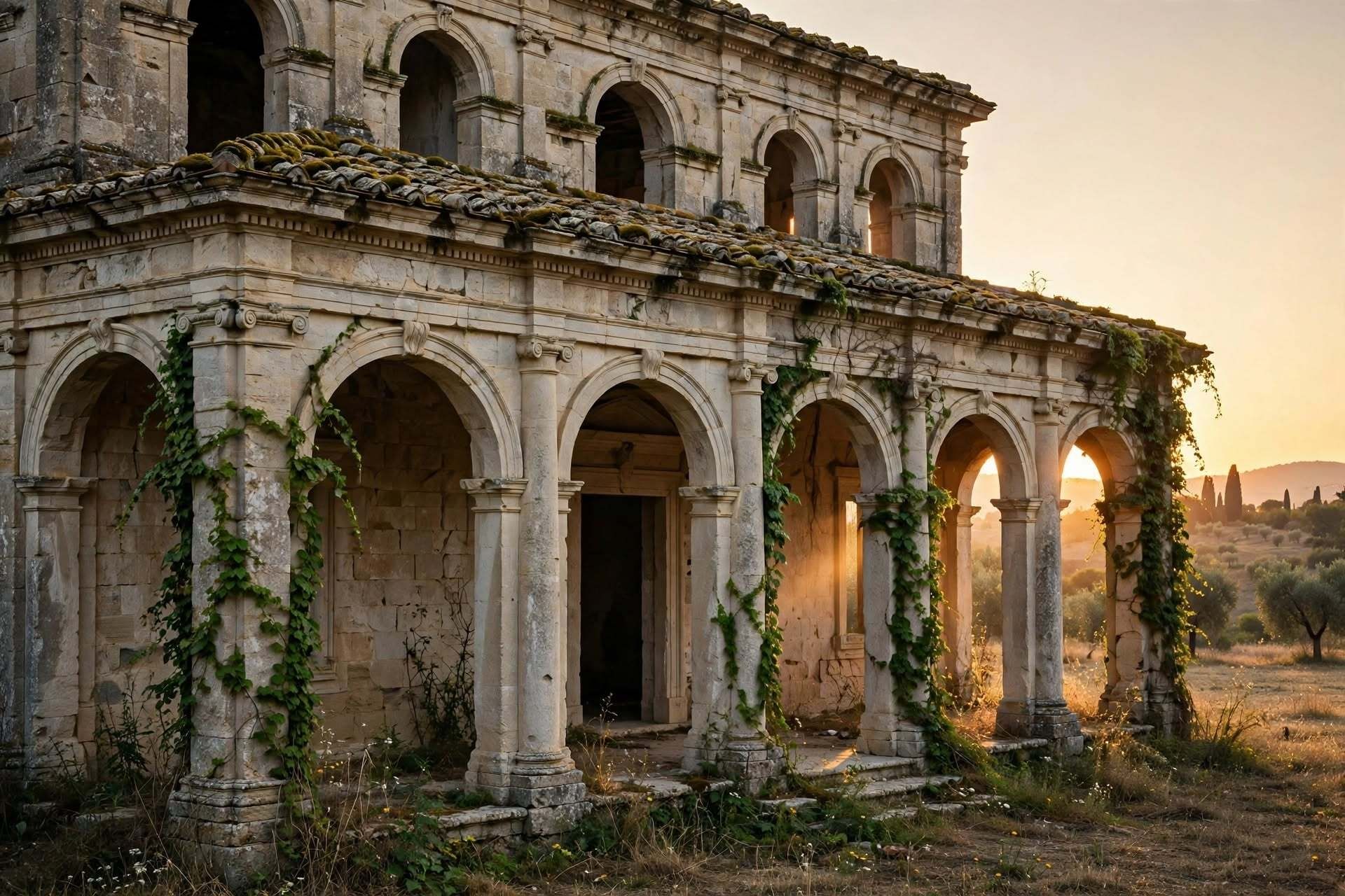 Antica villa in pietra calcarea abbandonata con porticato ad archi e colonne, tetto in coppi con muschio ed edera rampicante al tramonto