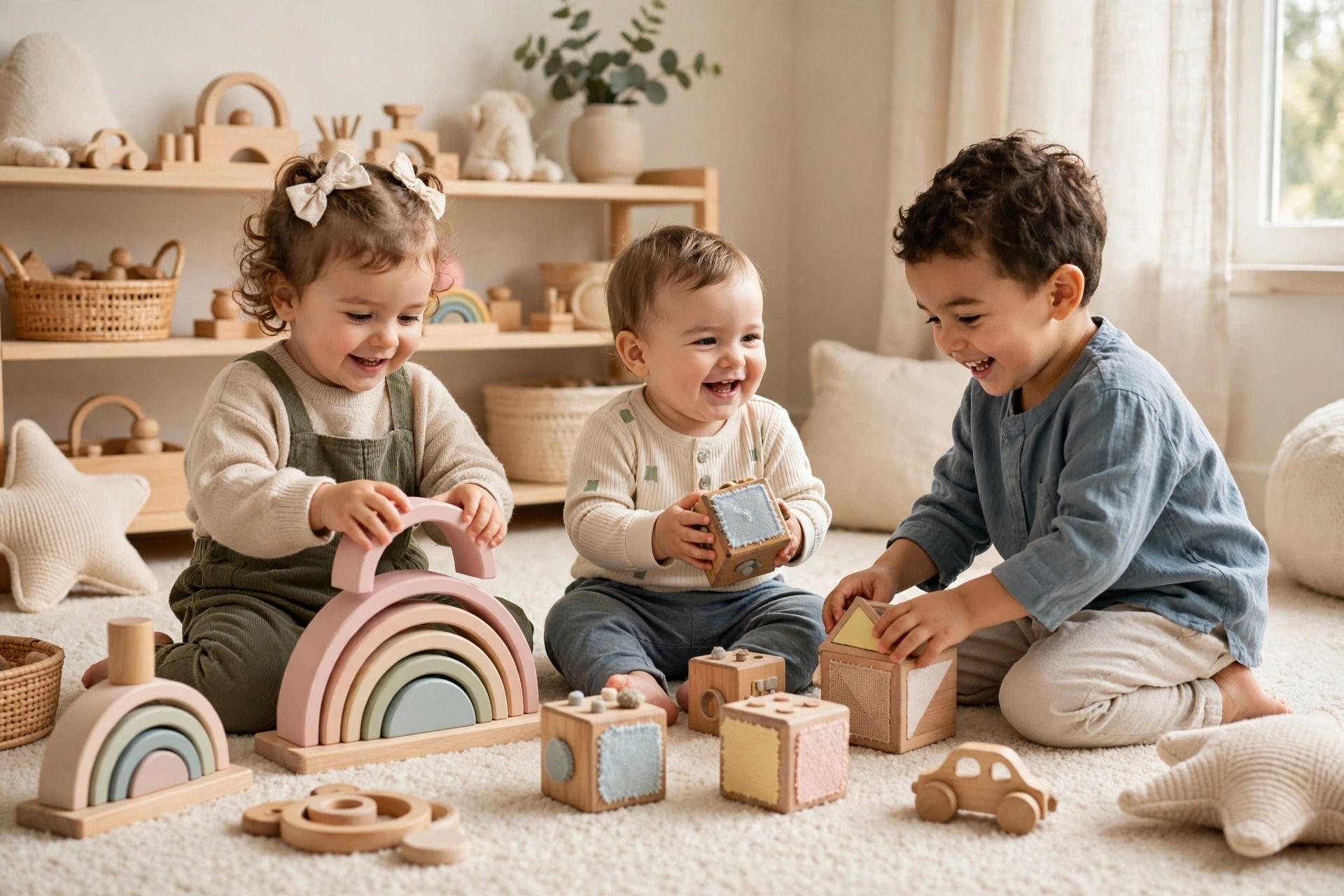 Tre bambini piccoli sorridenti sul tappeto chiaro giocano con giocattoli Montessori in legno naturale, arcobaleno impilabile rosa e cubi sensoriali