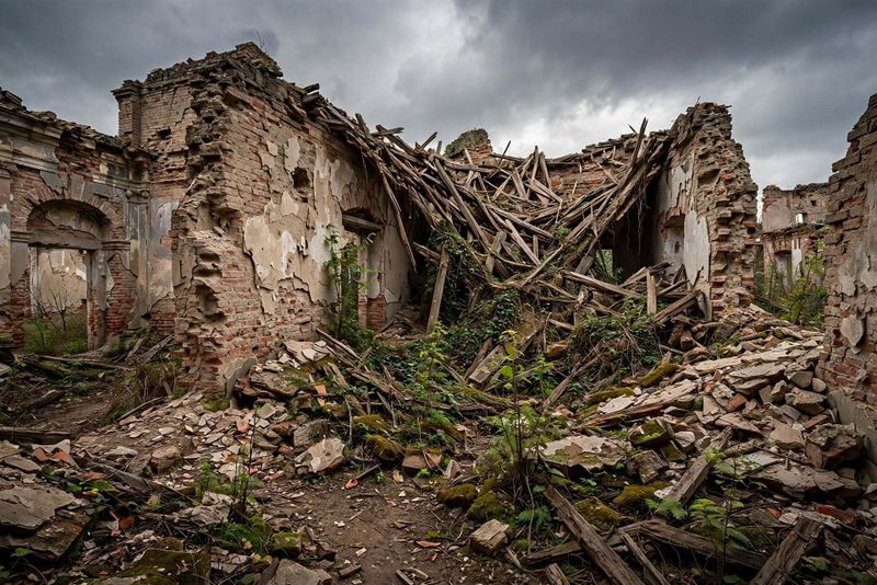 Edifici storici abbandonati: perché alcuni sopravvivono e altri no 2 Perché alcuni sopravvivono e altri no: Edifici storici abbandonati perché sopravvivono?: Rudere di palazzo storico crollato con tetto sfondato