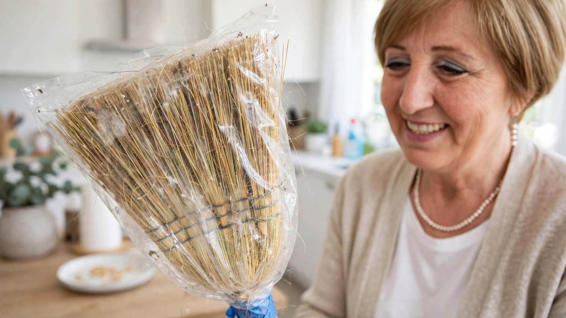 Scopa con sacchetto di plastica - trucco per raccogliere polvere e peli