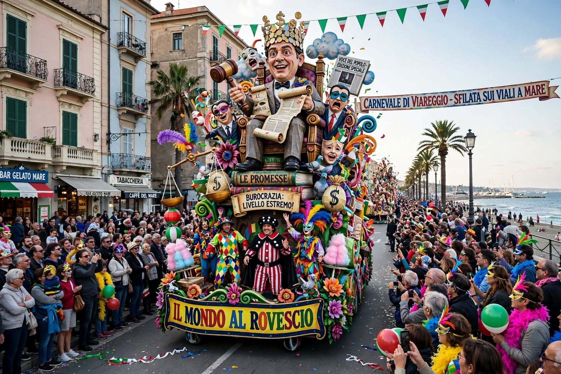 Carro allegorico satirico del Carnevale di Viareggio in sfilata sul lungomare tra la folla.