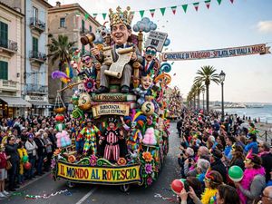 Come sono fatti i carri del Carnevale di Viareggio: storia, cartapesta e segreti 10 Carro allegorico satirico del Carnevale di Viareggio in sfilata sul lungomare tra la folla.
