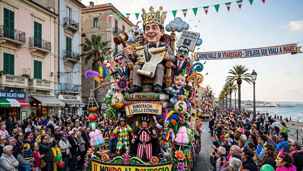 Come sono fatti i carri del Carnevale di Viareggio: storia, cartapesta e segreti 4 Carro allegorico satirico del Carnevale di Viareggio in sfilata sul lungomare tra la folla.