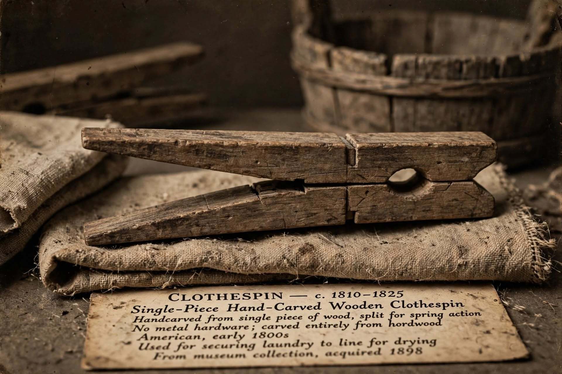 Molletta antica in legno scuro intagliata a mano da un singolo pezzo, appoggiata su tela di iuta con cartellino museale Clothespin 1810-1825, atmosfera seppia