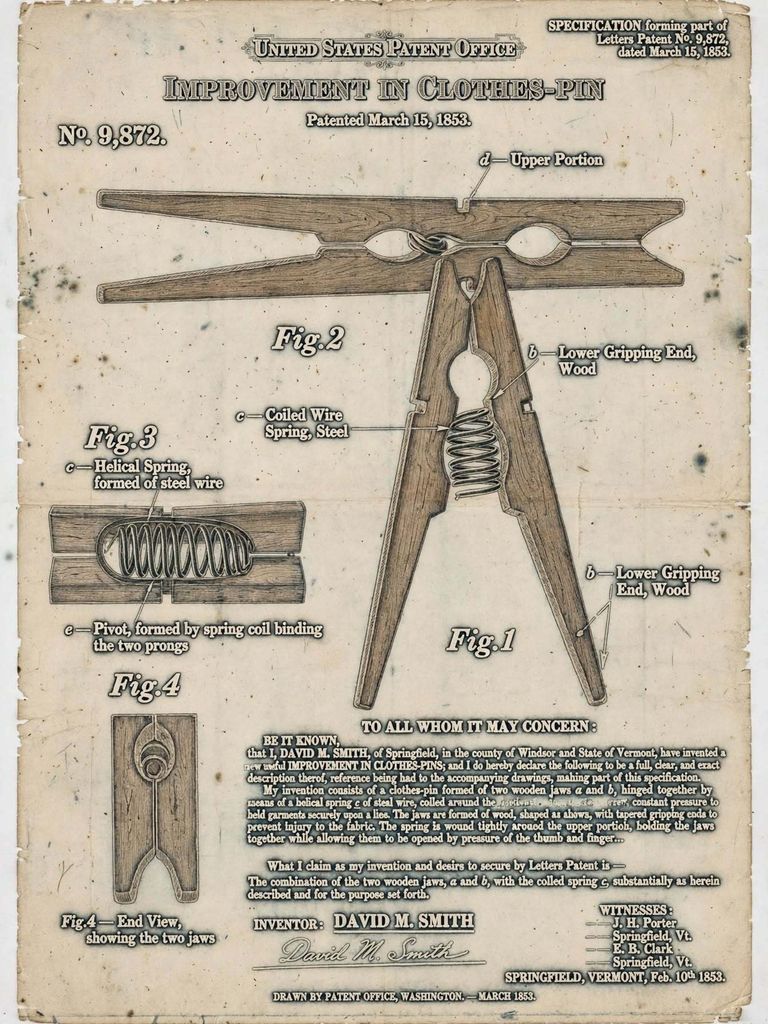 Chi ha inventato la molletta da bucato? 3 Disegno del brevetto US 9,872 del 15 marzo 1853 Improvement in Clothes-Pin con due ganasce in legno e molla in filo d'acciaio, testo antico