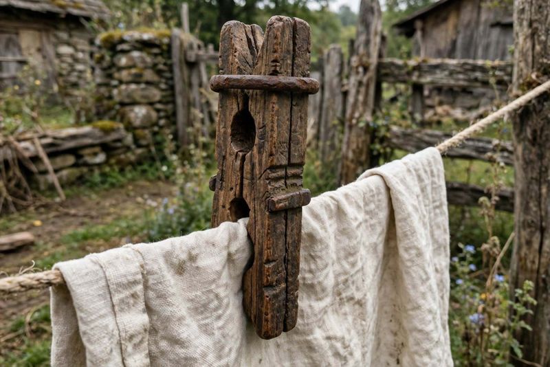 Chi ha inventato la molletta da bucato? 2 Chi ha inventato la molletta da bucato? Molletta primitiva in legno scuro consumato con anello di ferro arrugginito che stringe panno bianco su corda di canapa