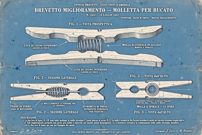 Chi ha inventato la molletta da bucato? 4 Blueprint cianotipo del brevetto molletta per bucato 15 luglio 1853 con tre figure tecniche in italiano: leva superiore, molla elicoidale in acciaio, perno di ferro