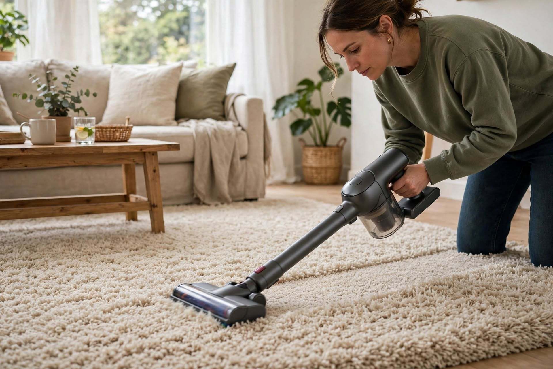 Pulizia di un tappeto shaggy beige con aspirapolvere