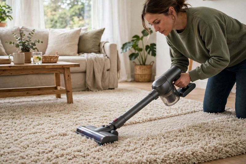 Come pulire i tappeti a pelo lungo: 5 trucchi pratici 3 Pulizia di un tappeto shaggy beige con aspirapolvere