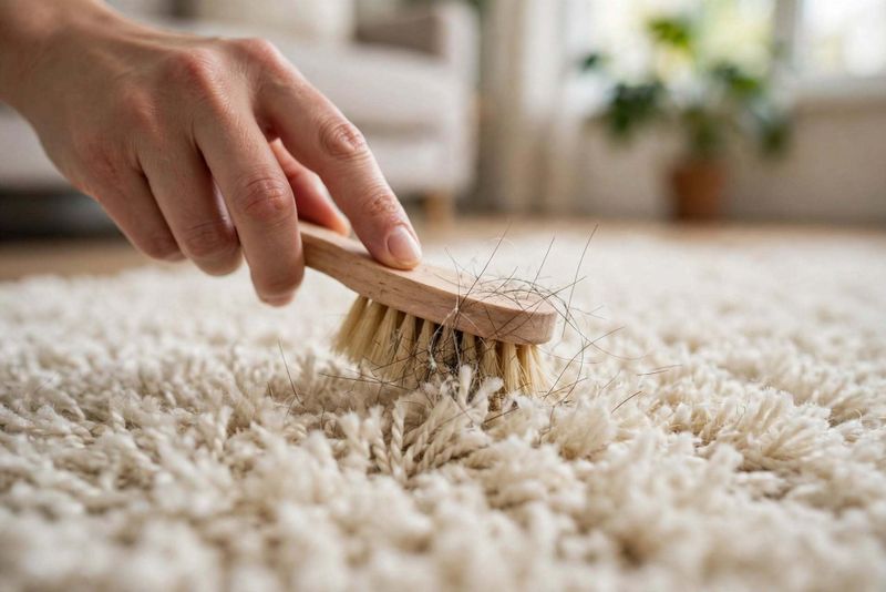 Come pulire i tappeti a pelo lungo: 5 trucchi pratici 4 Dettaglio rimozione peli da tappeto shaggy crema con spazzola