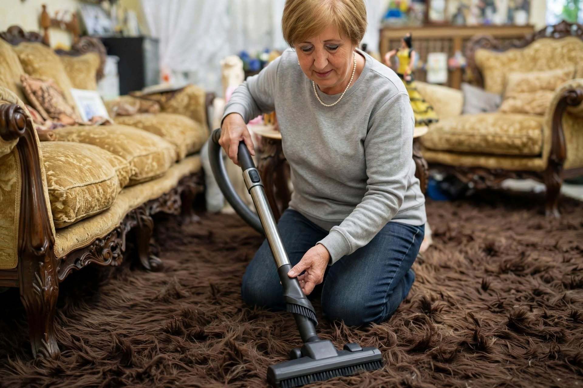 Donna che inserisce la spazzola specifica per tappeti a pelo lungo su aspirapolvere moderno, tappeto shaggy marrone scuro a pelo lunghissimo
