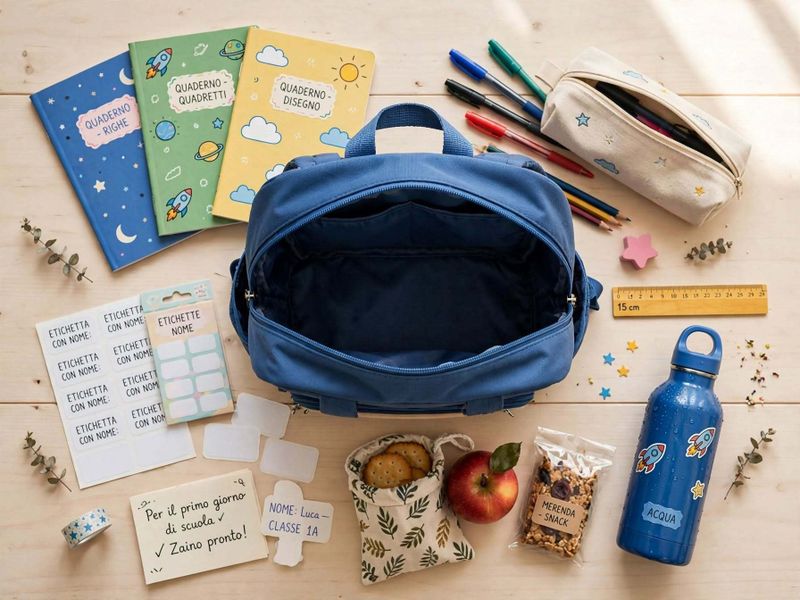 Cosa mettere nello zaino per il primo giorno di scuola 2 flat lay zaino blu aperto con quaderni righe e quadretti, astuccio, borraccia, merenda e etichette con nome