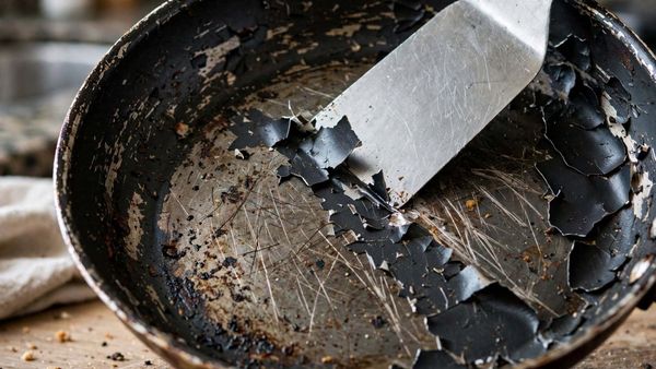 Pentole antiaderenti rovinate: l’errore che può accorciarne la vita 6 Primo piano di padella antiaderente rovinata con rivestimento scrostato e spatola in metallo che graffia il fondo