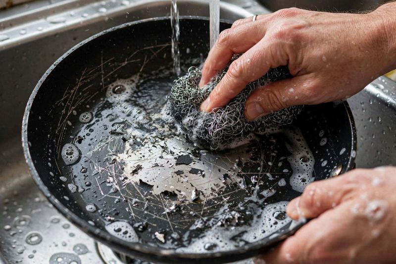 Pentole antiaderenti rovinate: l’errore che può accorciarne la vita 3 Mani che lavano padella antiaderente nel lavandino con spugnetta abrasiva in acciaio che rovina il rivestimento