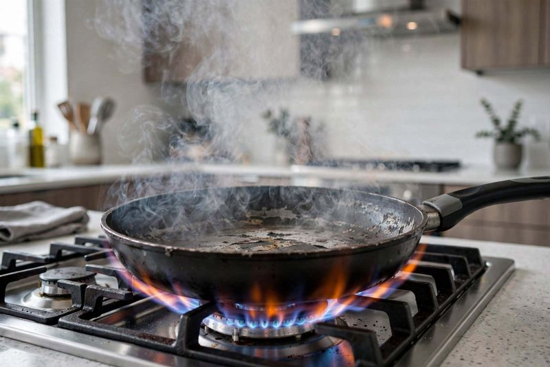Pentole antiaderenti rovinate: l’errore che può accorciarne la vita 2 Pentole antiaderenti rovinate: Padella antiaderente vuota che fuma sul fornello a gas