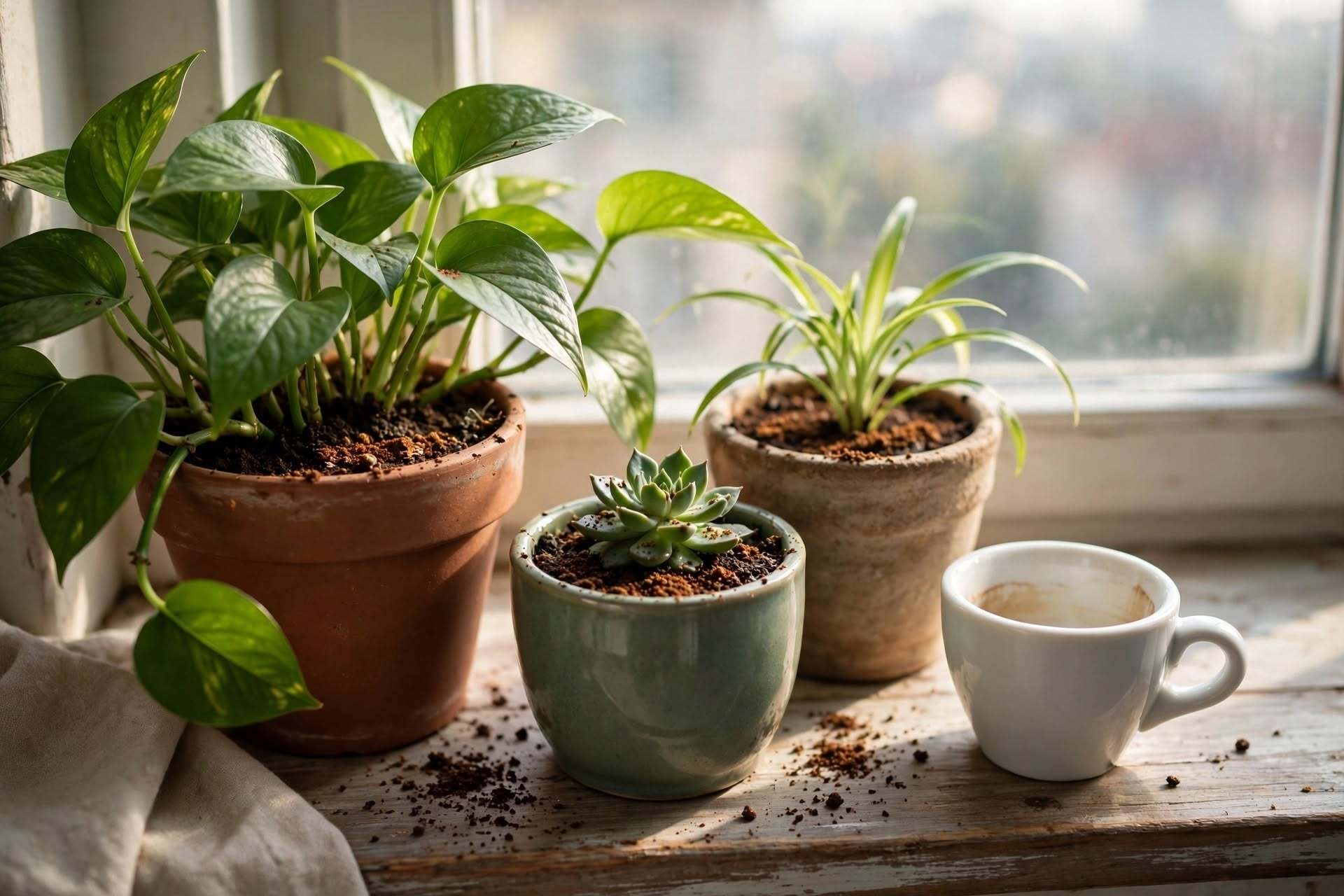 Fondi di caffè utilizzati nel terreno intorno alle piante