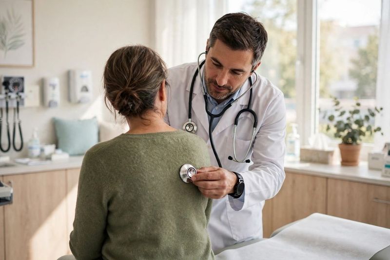 Influenza polmonare: sintomi per riconoscerla, cause, cure e prevenzione 6 Medico che ausculta i polmoni di una paziente con lo stetoscopio