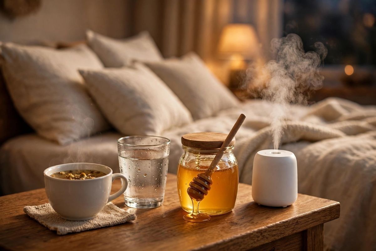 Comodino con tisana, acqua e umidificatore accanto al letto