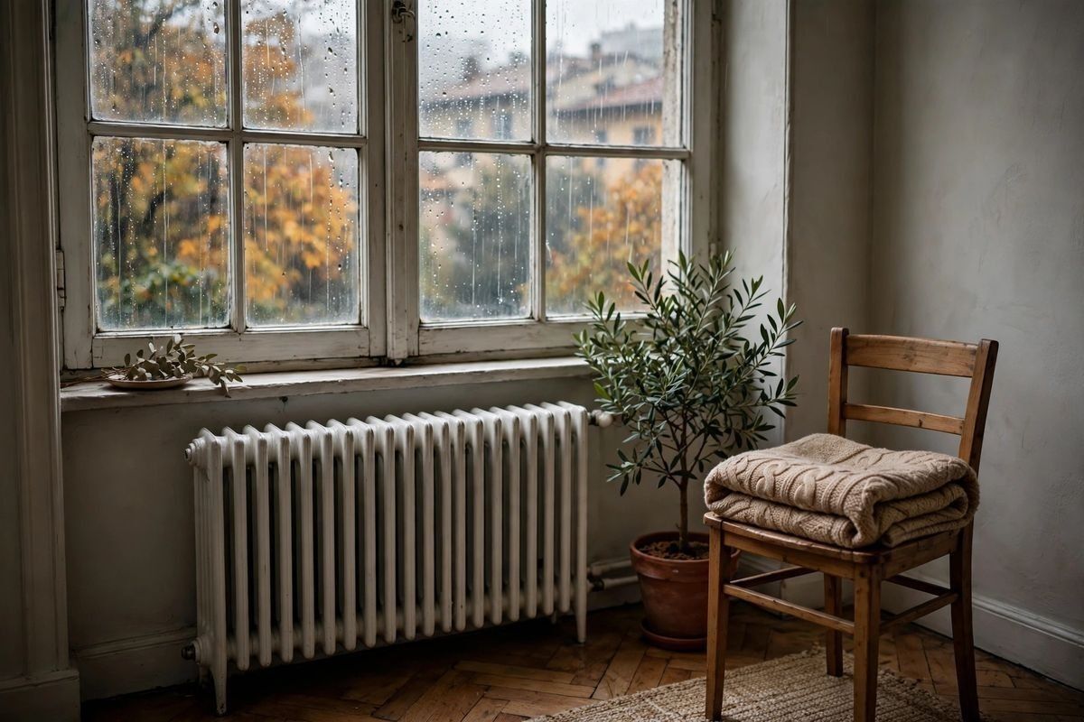 Finestra con pioggia autunnale e termosifone acceso in casa