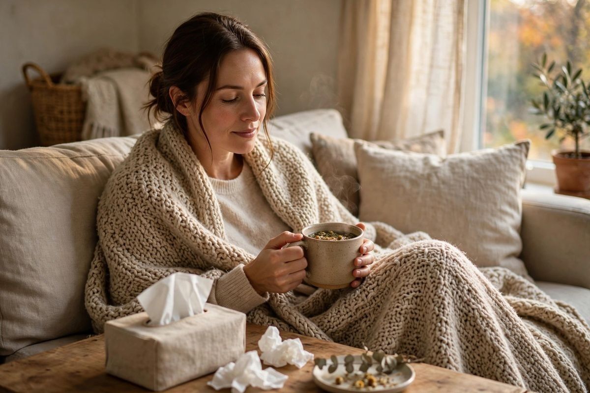 Donna sul divano con coperta e tazza di tisana durante l’influenza