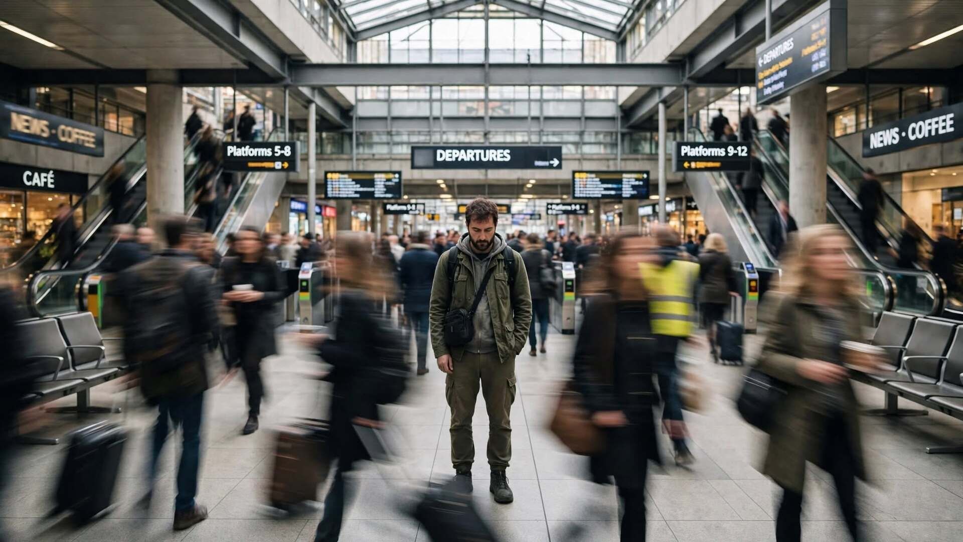 Odofobia paura viaggiare con una persona ferma che sperimenta sintomi di odofobia e senso di disorientamento in mezzo alla folla di una stazione