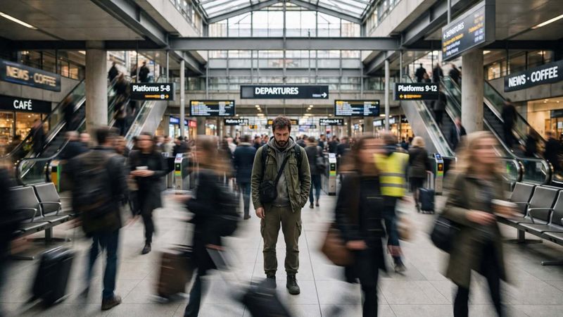 Odofobia: perché viaggiare mette ansia e come affrontarla 2 Odofobia paura viaggiare con una persona ferma che sperimenta sintomi di odofobia e senso di disorientamento in mezzo alla folla di una stazione