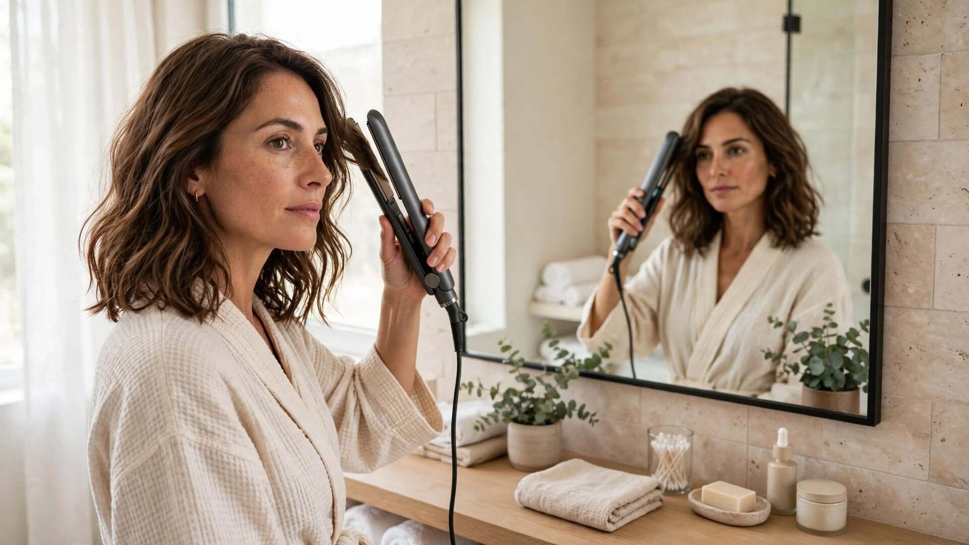 Donna che utilizza una piastra per capelli durante la piega