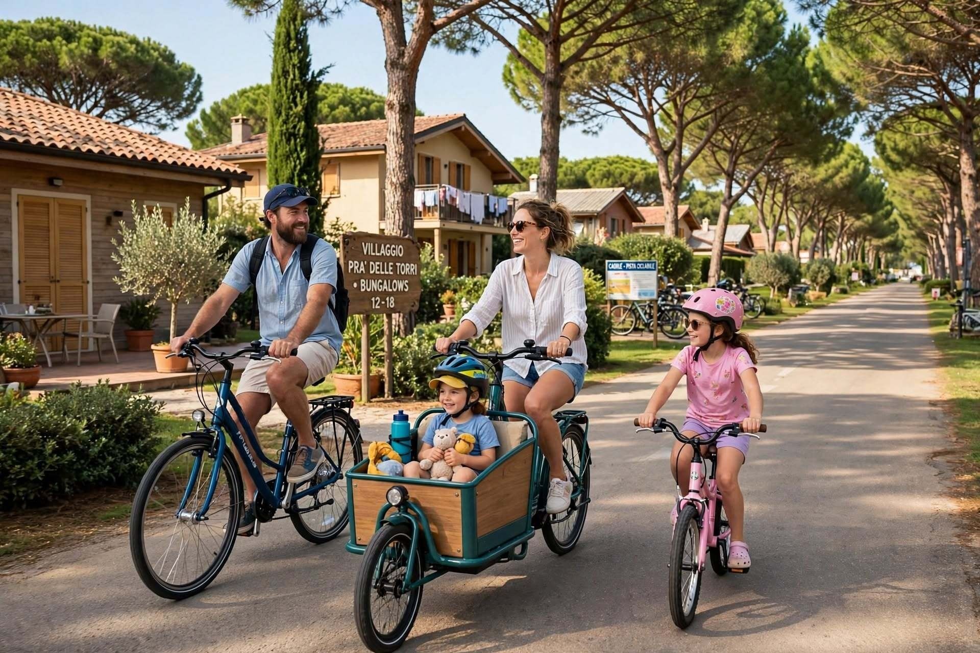 Famiglia in bicicletta tra i bungalow di Pra delle Torri a Caorle con bambini
