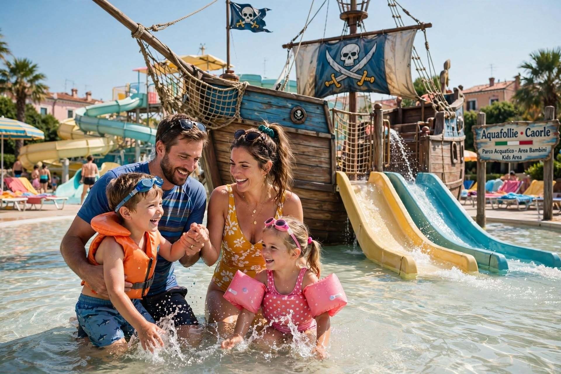Famiglia con bambini piccoli nel parco acquatico Caorle di Pra delle Torri, area nave pirati