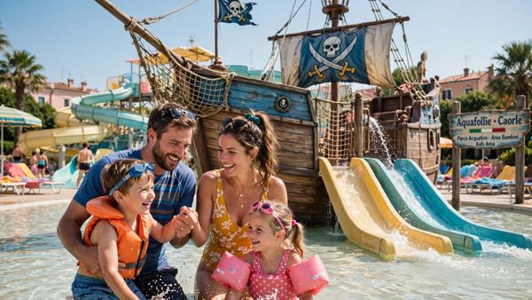Pra' delle Torri con bambini e ragazzi: guida pratica per famiglie 4 Famiglia con bambini piccoli nel parco acquatico Caorle di Pra delle Torri, area nave pirati