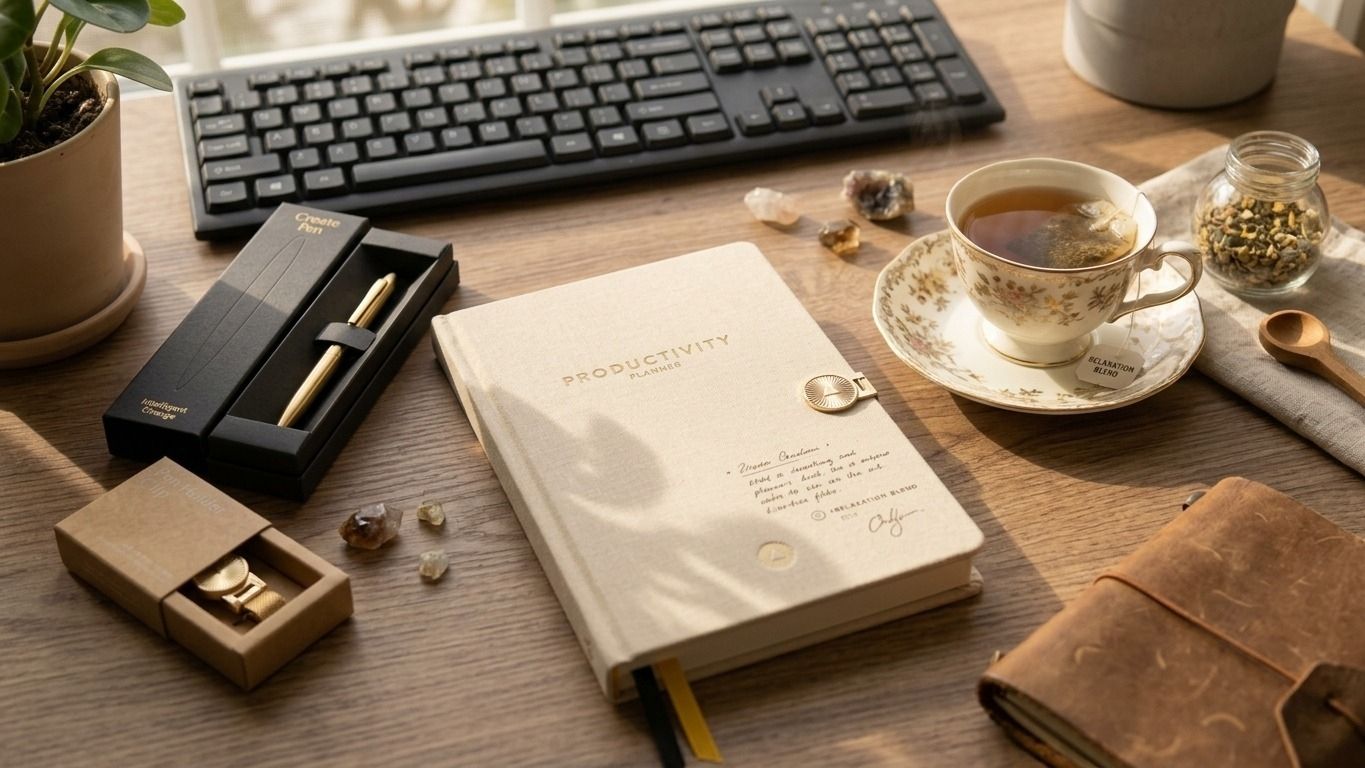 Productivity Planner aperto su scrivania con tazza di tisana e penna dorata