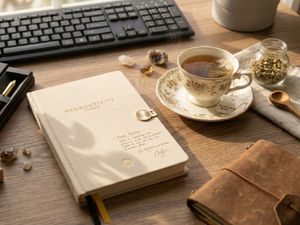 Productivity Planner come organizzo le giornate 7 Productivity Planner aperto su scrivania con tazza di tisana e penna dorata