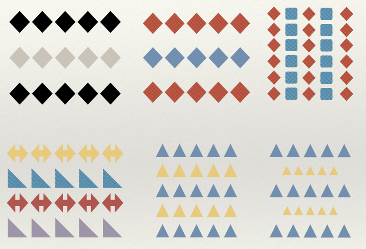 I Principi della Gestalt e la Visione Globale: Guida Semplice per la Grafica 7 Pattern di rombi, frecce e triangoli colorati su fondo chiaro