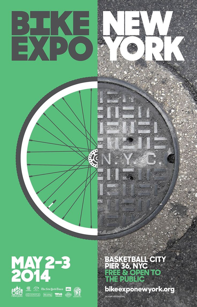 I Principi della Gestalt e la Visione Globale: Guida Semplice per la Grafica 6 Poster Bike Expo New York con una ruota di bicicletta e un tombino speculari