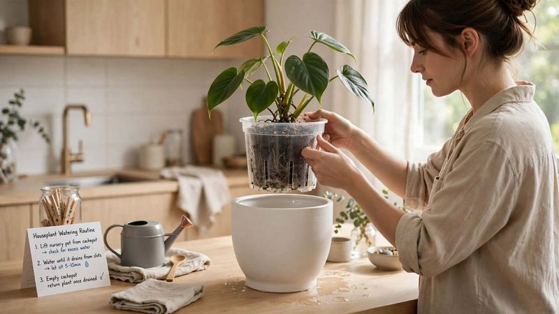 Vasi trasparenti per piante da interno: moda o davvero utili? 5 Estrazione del vaso trasparente tecnico dal coprivaso decorativo opaco per il controllo dell'irrigazione