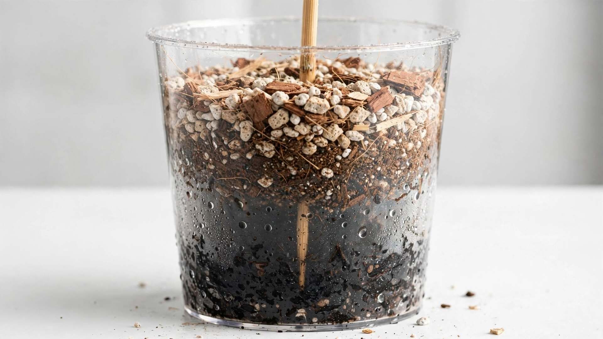 Differenza di colore tra substrato umido sul fondo e terriccio asciutto in un vaso trasparente