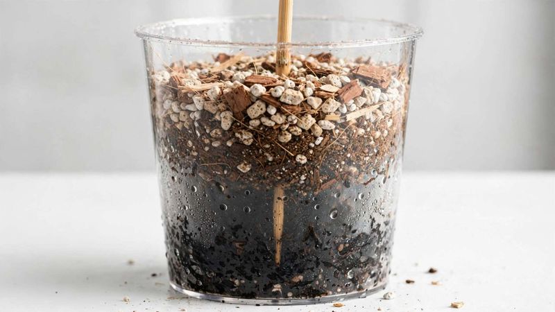Vasi trasparenti per piante da interno: moda o davvero utili? 3 Differenza di colore tra substrato umido sul fondo e terriccio asciutto in un vaso trasparente