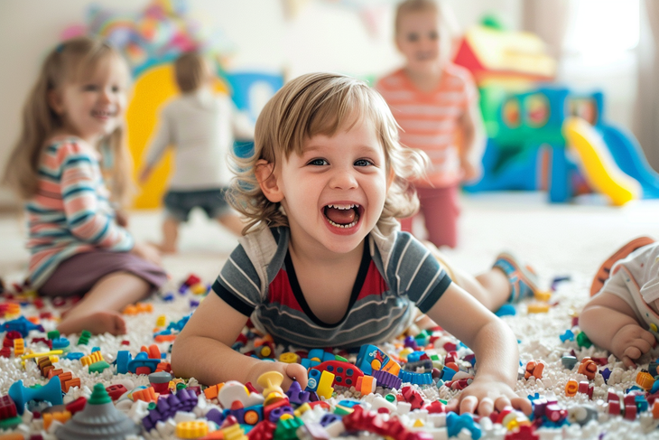 Радостные дети играют с игрушками в яслях