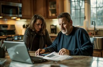 Семейная пара изучает счета за коммунальные услуги визуализация