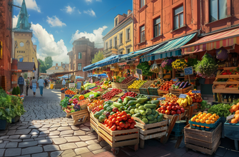 Уличный рынок овощей и фруктов в Польше визуализация